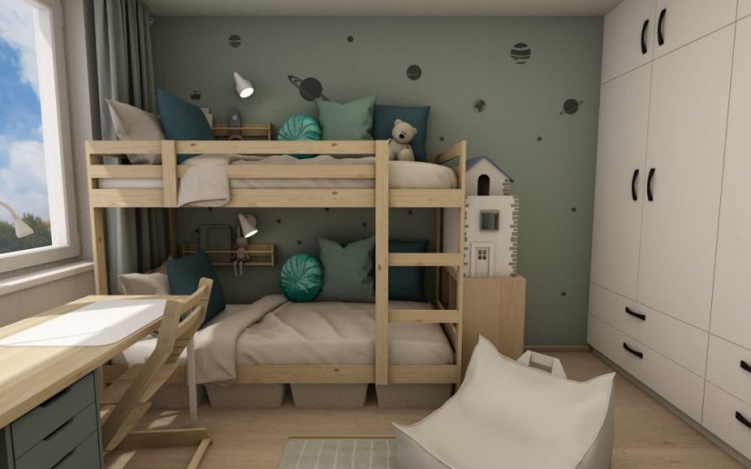 Dětský pokoj vesmír - zelená, patrová postel