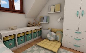 podkrovní dětský pokoj  - čtecí koutek mentolová žlutá