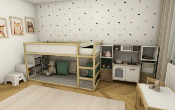Dívčí dětský pokoj se srdíčky s postelí Ikea Kura