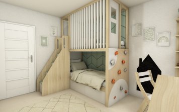 Dětský pokoj pro školáka patro na míru lezecká stěna zelená bílá dřevo