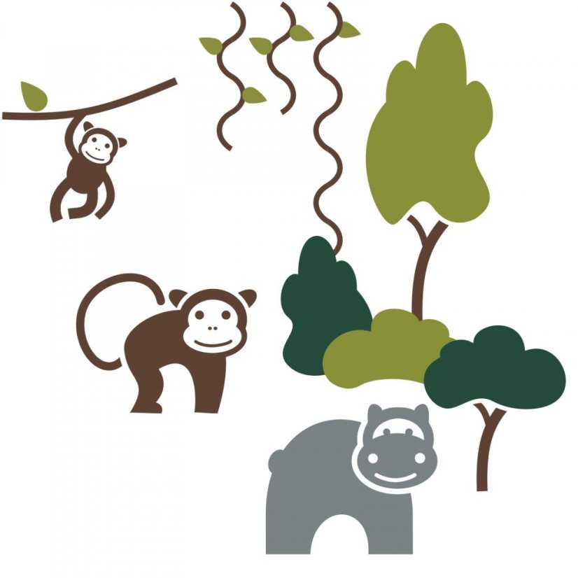 Dětské samolepky na zeď džungle - opice, hroch stromy liány