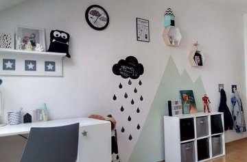 Skandinávský dětský pokoj černá, bílá. mentol, mráček a kapky
