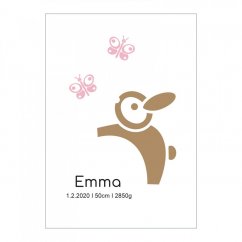 Plakát  se jménem a údaji narození miminka - holčičky - Zajíček s motýlkem