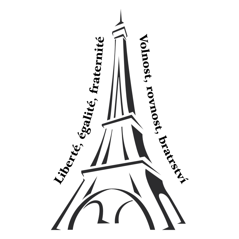 Samolepka Eifellova věž se známým heslem Francouzské revoluce
