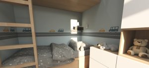 Úzký dětský pokoj s auty a zašívárnou pro kluka